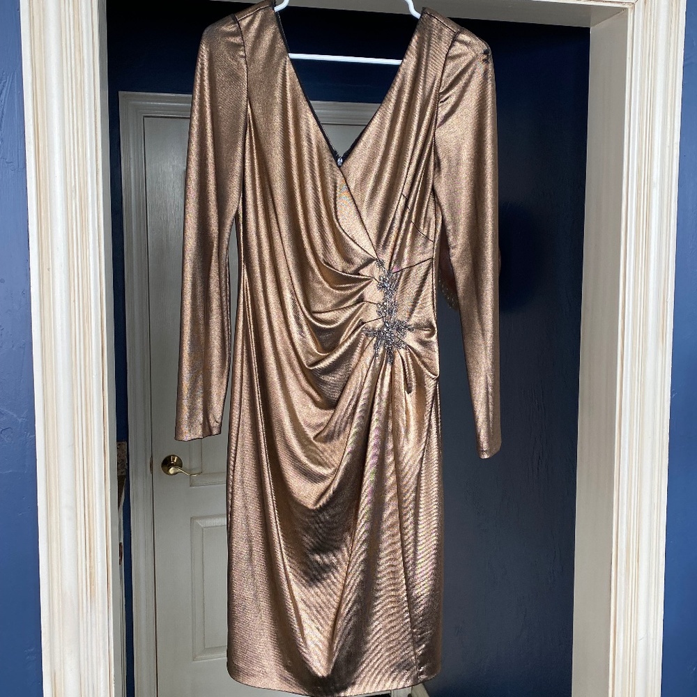 NWT GORGEOUS Marchesa Notte Bronze-Gold Jersey Cocktail Dress Size 4
